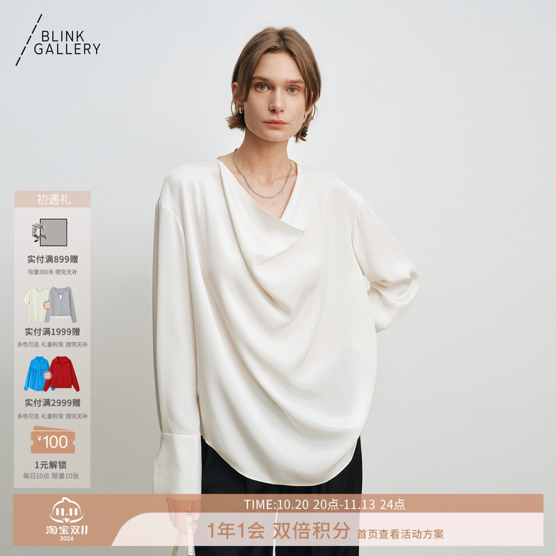 Blink/Dong Life Same Style Heavy Silk Draped Collar Asymmetrical One-Shoulder Shirt Elegant Workwear Top Blink/Dong Life Same Style Heavy Silk Draped Collar Asymmetrical One-Shoulder Shirt Elegant Workwear Top