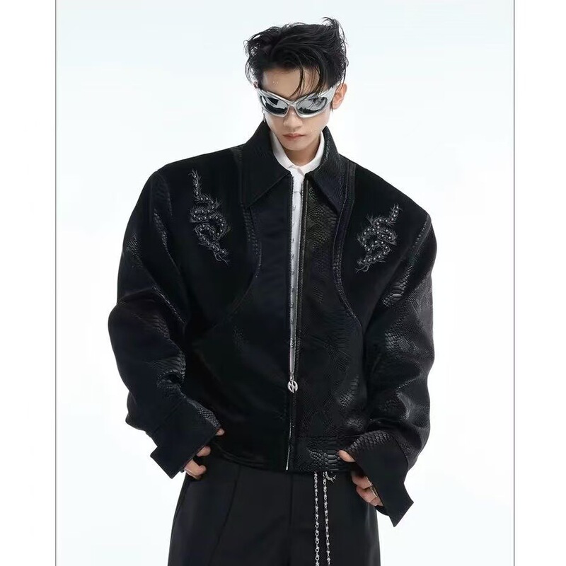 Ngbx Design-Inspired Snake Print Patchwork Leather Jacket for Men, Short Loose-Fitting Biker Jacket, Cool and Stylish Outerwear Ngbx Design-Inspired Snake Print Patchwork Leather Jacket for Men, Short Loose-Fitting Biker Jacket, Cool and Stylish Outerwear
