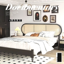 Nordic solid wood rattan bed master bedroom large bed retro light luxury double bed modern simple wabi-sabi style black bed rattan bed