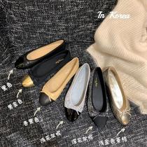 Su Yinyins same French style womens cowhide leather flat-bottom round toe small fragrant bow color-blocked ballet shoes