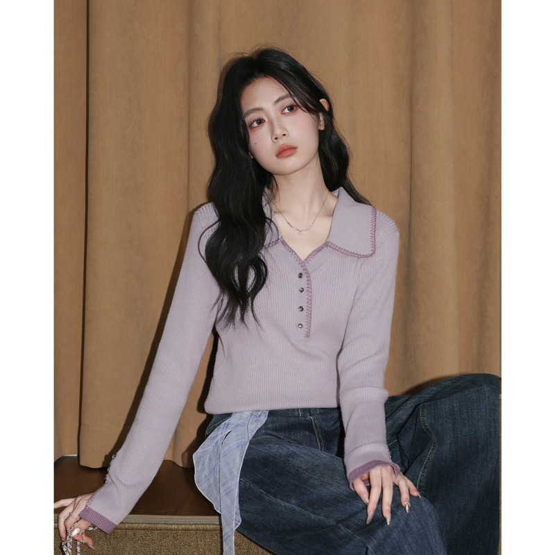 Purple Polo Collar Long-Sleeved Knit Sweater for Women, Spring and Autumn 2026 New Style, Sweet Inner Layering Sweater That Can Be Worn as an Outerwear Top Purple Polo Collar Long-Sleeved Knit Sweater for Women, Spring and Autumn 2026 New Style, Sweet Inner Layering Sweater That Can Be Worn as an Outerwear Top