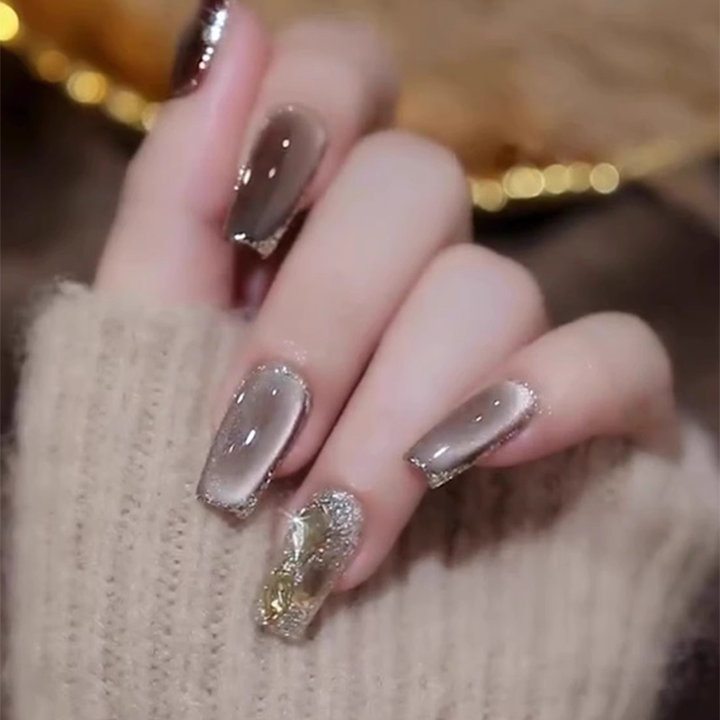 Ks Maillard Wearable Nails 2025 New Autumn/Winter High-End Mid-Length Handmade Whitening Exquisite Cat Eye Nail Art