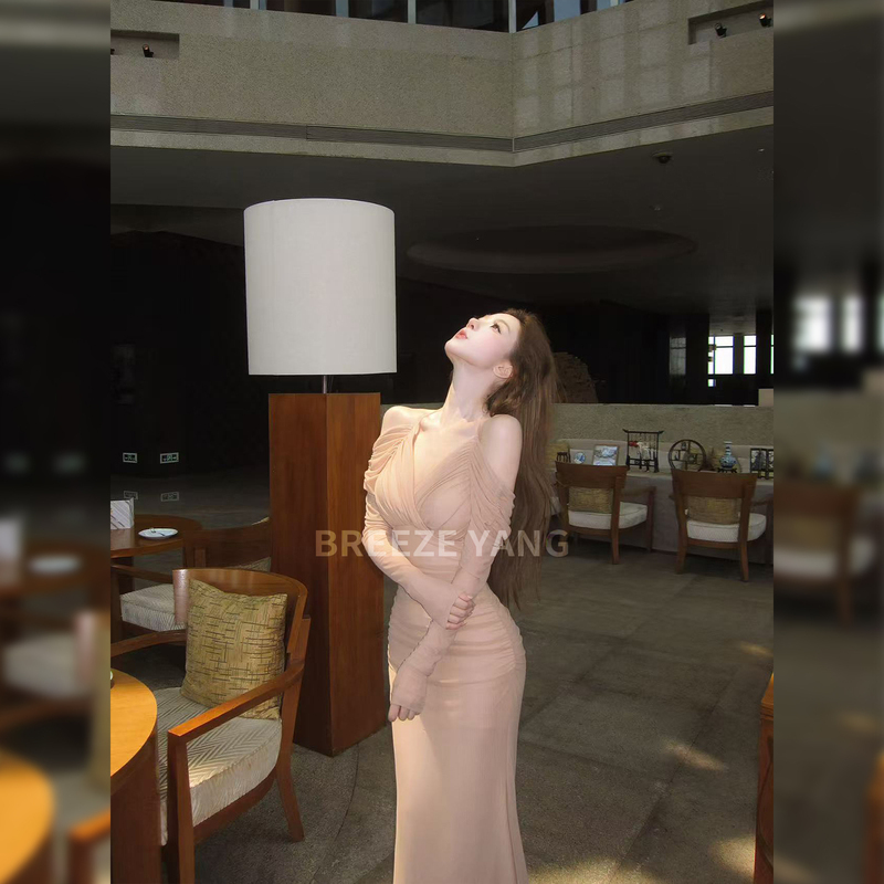 Xiaoyangjia【Deep V Socialite】Pure Desire Style Halter Neck Off-Shoulder Long Sleeve Deep V Waist-Cinching Bodycon Long Dress for Women N
