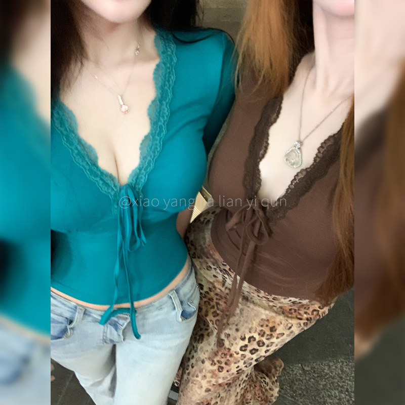 Xiaoyangjia【Brown Green】Lace Sexy Long Sleeve T-Shirt Spring/Summer Outfit Inner Layer Base Shirt Top L Xiaoyangjia【Brown Green】Lace Sexy Long Sleeve T-Shirt Spring/Summer Outfit Inner Layer Base Shirt Top L
