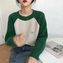 New high-end goods 2024 autumn new color-blocked round neck raglan sleeve sweater Korean style loose and slim outer wear long-sleeved needle