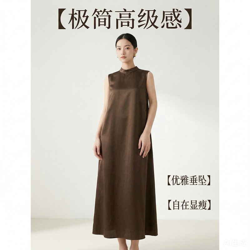 50mm White Factory Silk Fragrant Cloud Yarn Coffee-Colored Summer Sleeveless Half-High Collar Tank Dress