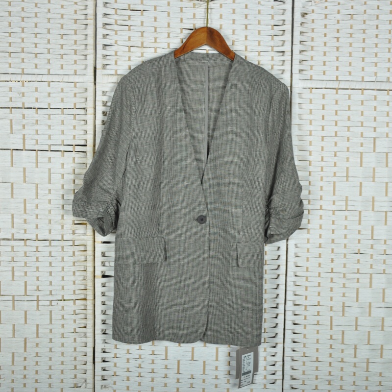 Ouban Ax26-857 Spring New Style Suit with Three-Quarter Sleeves, Pleated One-Button Plaid Linen Jacket for Women