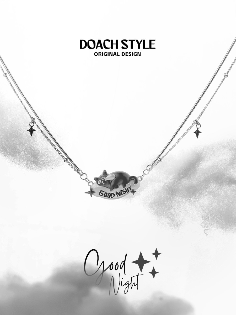 Серебряное ожерелье doach 晚安猫咪纯银项链不掉色原创小众设计高级感甜酷叠戴锁骨链 style