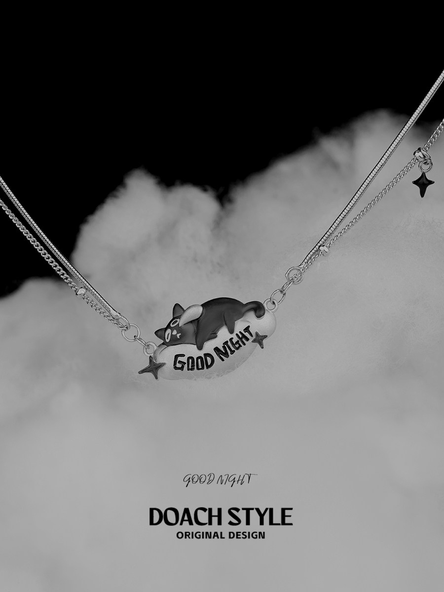Серебряное ожерелье doach 晚安猫咪纯银项链不掉色原创小众设计高级感甜酷叠戴锁骨链 style
