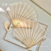 Original champagne color embroidered lace small fan rose shell fan lady elegant Hanfu cheongsam fan wedding banquet fan