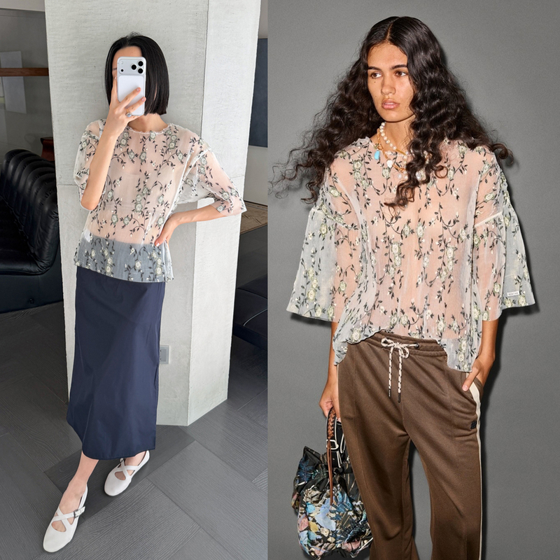 Watching Flowers in the Mist ~ Nordic Niche Designer Brand Embroidered Semi-Transparent Pleated Stretch Blouse Top