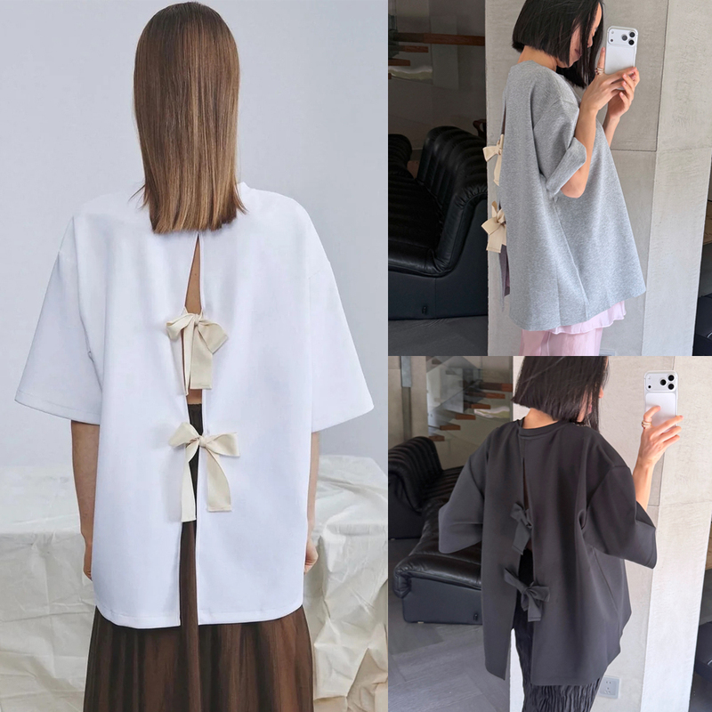 Like a Gift~ Nordic Tg Popular Style Space Cotton Bow Tie Loose Fit T-Shirt Like a Gift~ Nordic Tg Popular Style Space Cotton Bow Tie Loose Fit T-Shirt