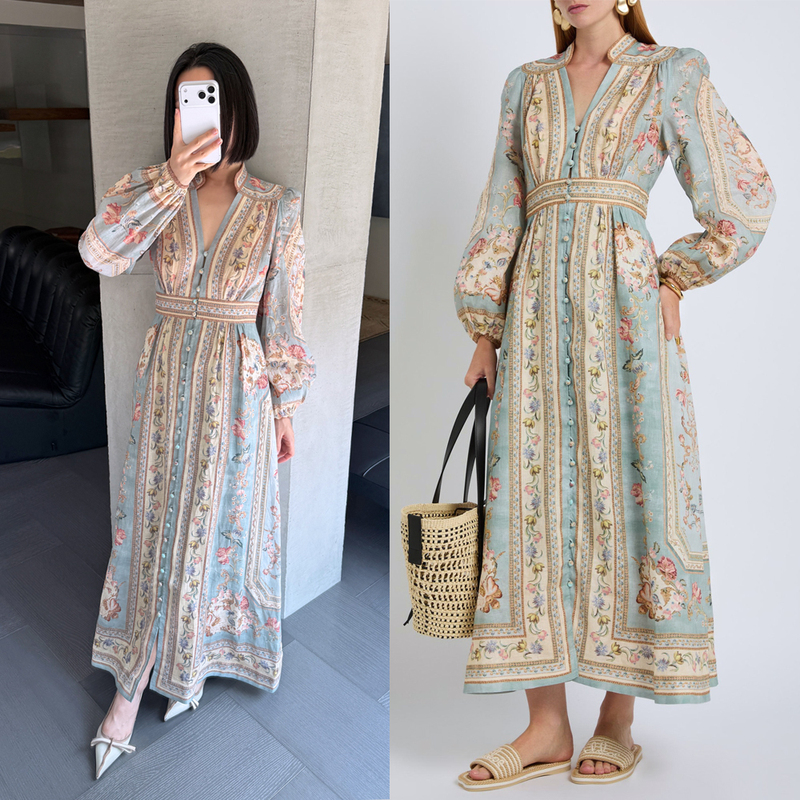 Another Atmospheric Dress~ Australian Zim Pure Linen Printed Vintage Palace-Style Dress