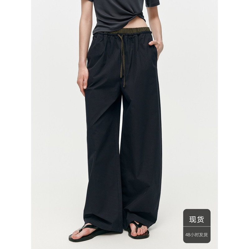 Huajiyan [Hidden Pocket Pants] 100% Cotton Plaid Elastic Waist Wide-Leg Straight Pants Versatile Casual Pants for Women Summer