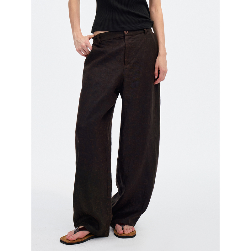 Hua Jiyuan [Agate] 100% Linen Elastic Waist Wide-Leg Slightly Curved Casual Long Pants
