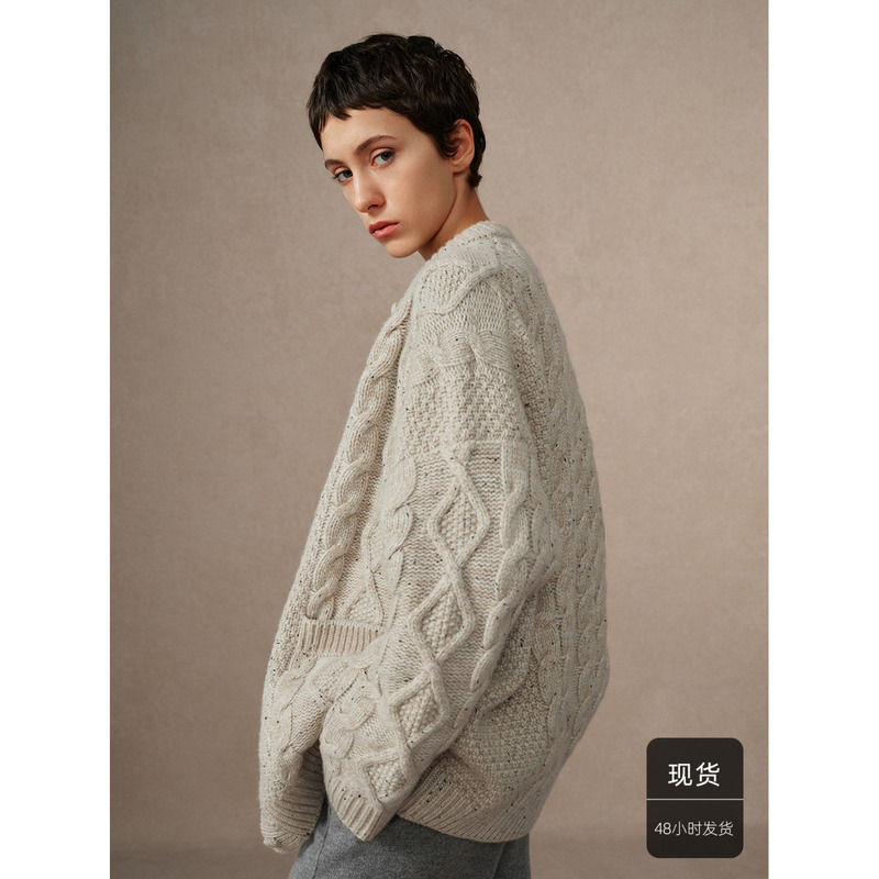 Huajiyan [Warm and Cozy] All-Wool Three-Dimensional Heavy Craft Loose Knit Cardigan Women's Autumn and Winter Sweater Coat