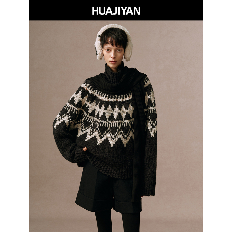 Huajiyan [Roen Sweater] Sheep Wool Blend Turtleneck Loose Diamond Fair Isle Sweater for Women Winter