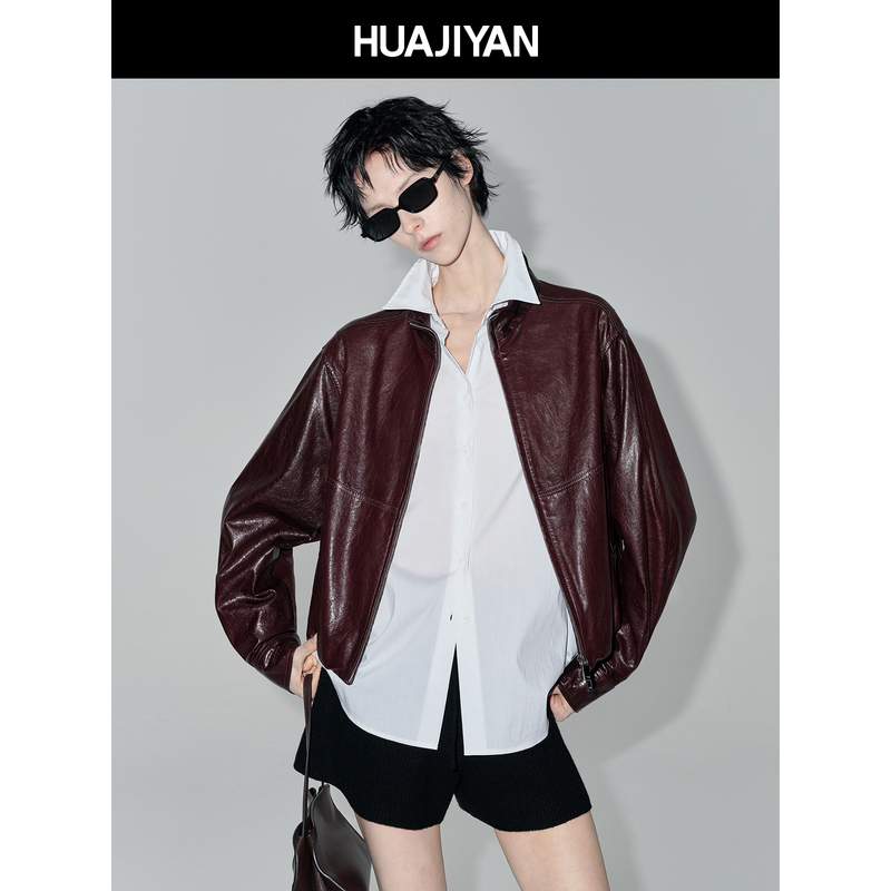 Huajiyan [Burgundy] Oil-Waxed Sheepskin Stand Collar Ruched Design Short Jacket Leather Coat for Women Spring Outerwear