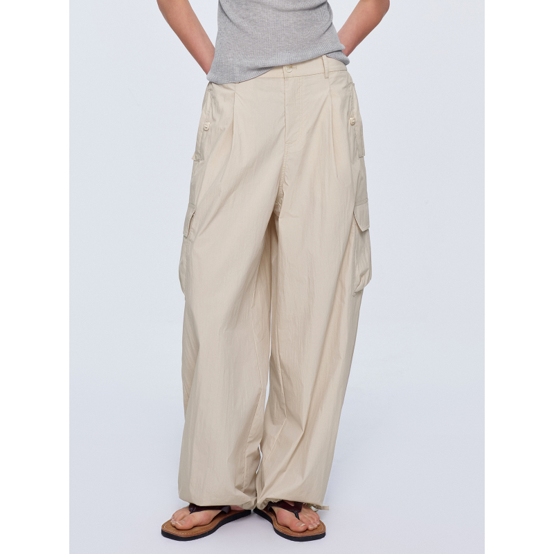 Huajiyan [Milan Holiday] Large Patch Pocket Design, Three-Dimensional Pleated Texture, Drawstring Elastic Waist Workwear Casual Pants