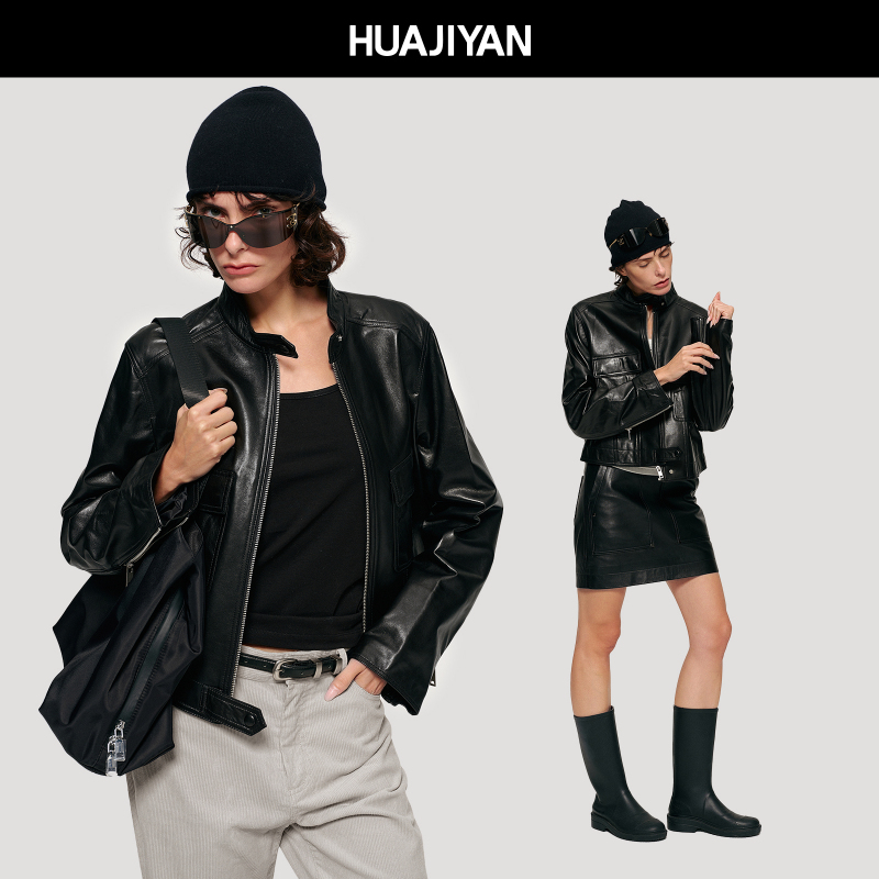 Huajiyan [Airport Leather Jacket] British Imported Sheepskin Double Patch Pocket Stand Collar Short Leather Jacket 26 Autumn