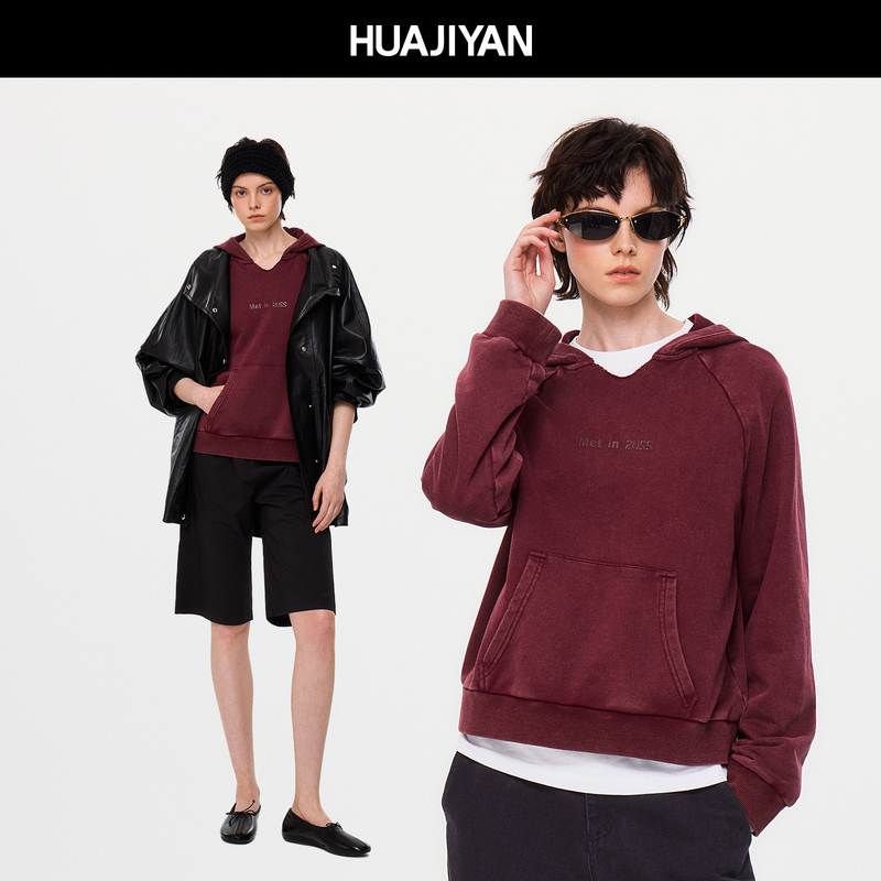 Hua Jiyuan【Raspberry】100% Cotton Printed Design Washed Vintage V-Neck Hooded Sweatshirt 2026 Autumn