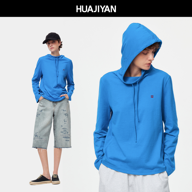 Huajiyan [Klein] 100% Cotton Embroidered Hooded Straight Long-Sleeve Sweatshirt Base T-Shirt for Women, Autumn 2026