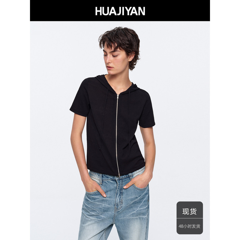 Hua Jiyuan [Gap] Cotton and Linen Blend Double-Ended Zipper Thin Hooded Short-Sleeve Cardigan Top Jacket for Women in Summer