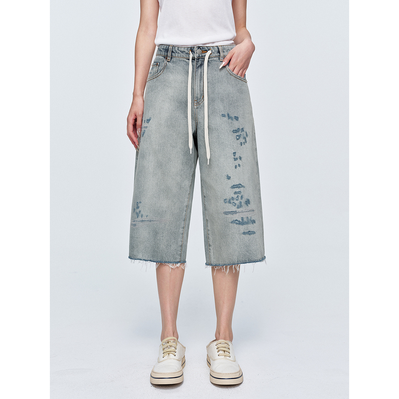 Hua Jiyuan [Scratched Denim] Turkish Cotton Distressed Six-Point Straight-Leg Jeans for Women, Summer Loose Mid-Length Pants