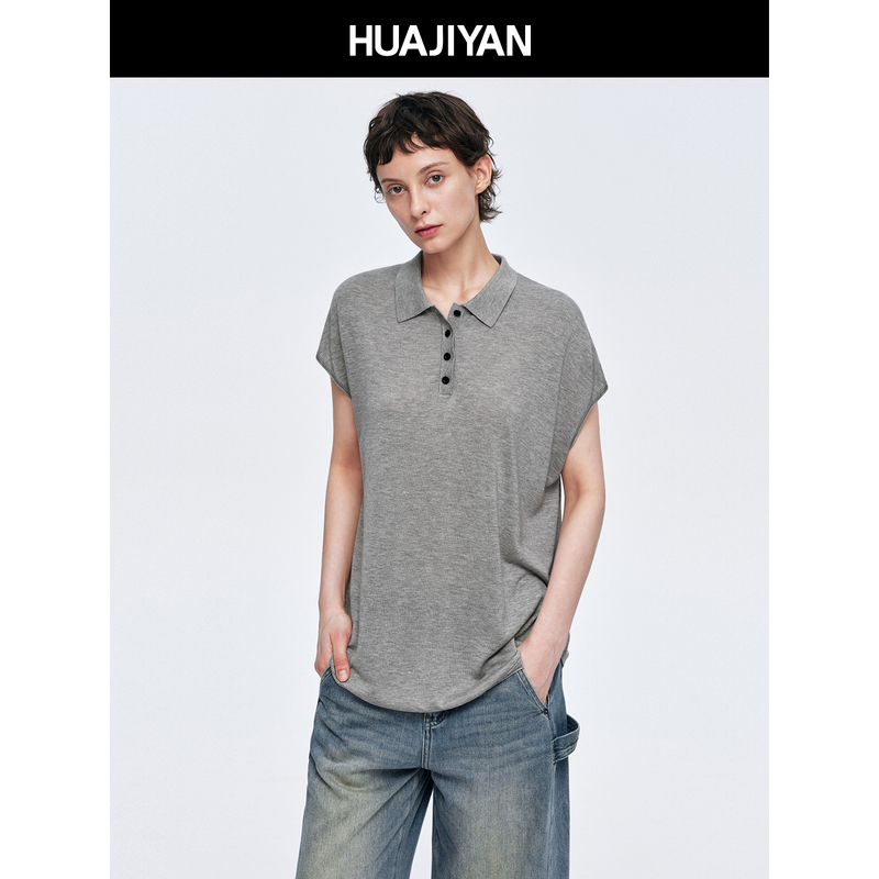 Huajiyan [Grey Gap] 100 Lyocell Rolled Edge Design Polo Collar Drop Shoulder Versatile Short Sleeve Top