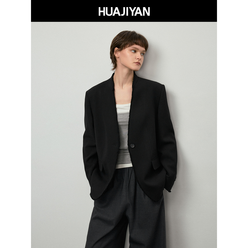 Huajiyan [Melbourne] 100% Wool Handmade Raw Edge V-Neck Loose Shoulder-Padded Blazer for Women, Spring Season