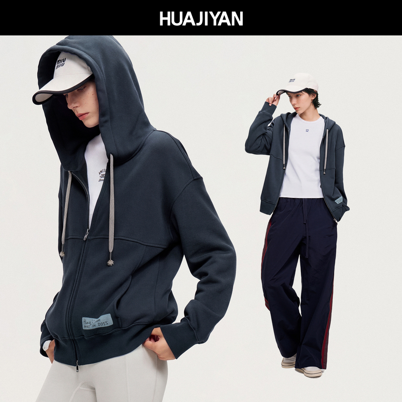Hua Jiyuan [Back View] 100% Cotton Back Print Color-Block Drawstring Hooded Loose Sweatshirt Jacket 2026 Autumn