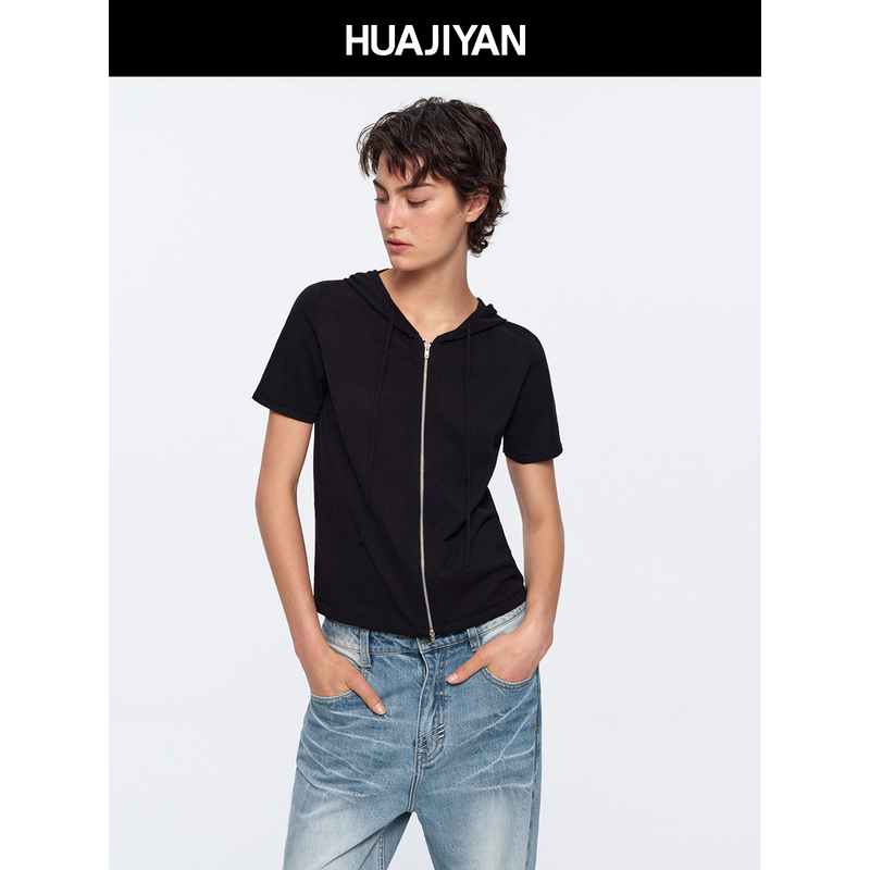 Hua Jiyuan [Gap] Cotton and Linen Blend Double-Ended Zipper Thin Hooded Short-Sleeve Cardigan Top Jacket for Women in Summer