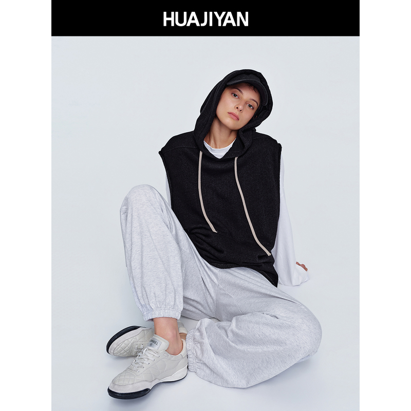 Huajiyan [Silent Walk] Terry Fabric Loose Hooded Drawstring Drop Shoulder Sleeveless Vest Sweatshirt Vest Top for Women