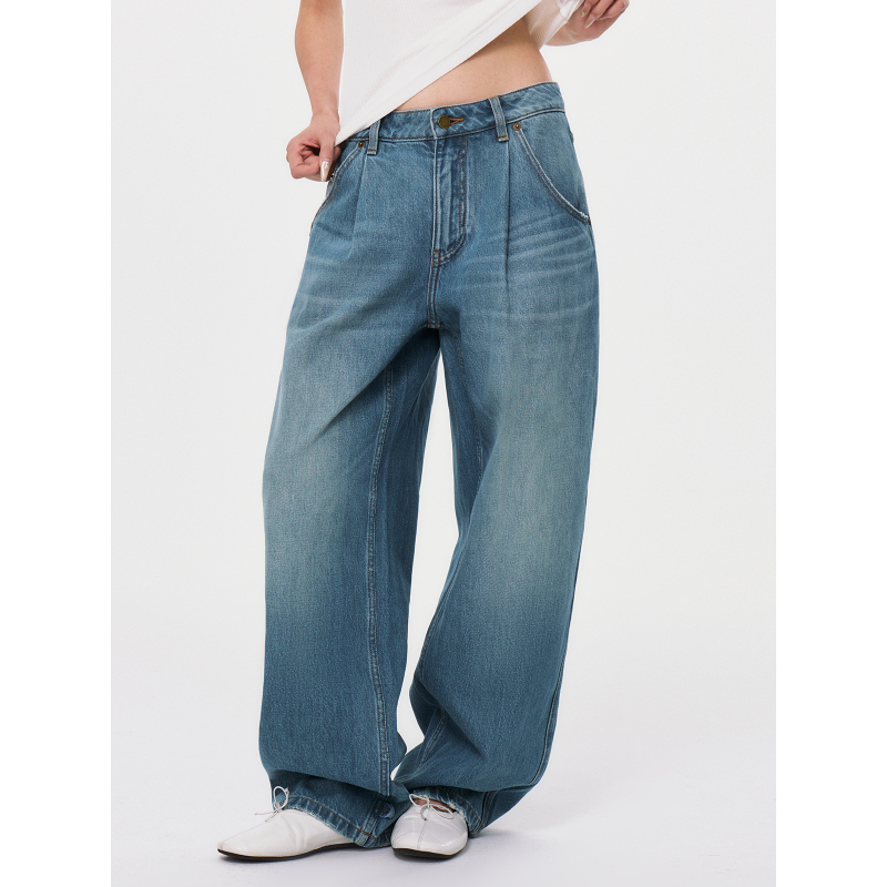 Hua Jiyuan [Double Pleated Denim] 100% Long Staple Cotton Pleated Hem Button Adjustable Denim Pants 2026 Autumn