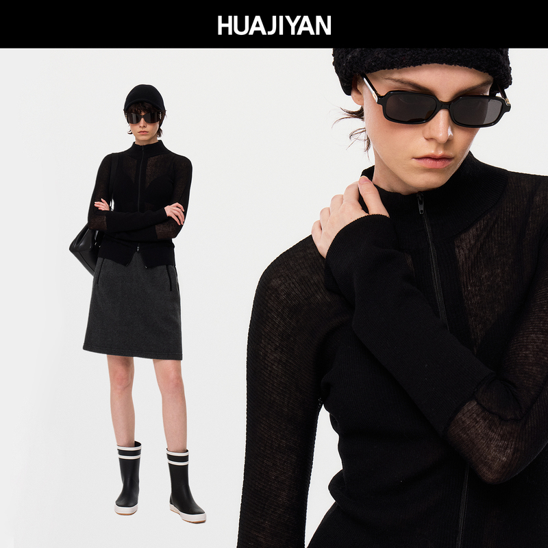Hua Jiyuan [Half-High Collar] Sheep Wool Blend Double Zipper Half-High Collar Slim Fit Top 2026 Autumn