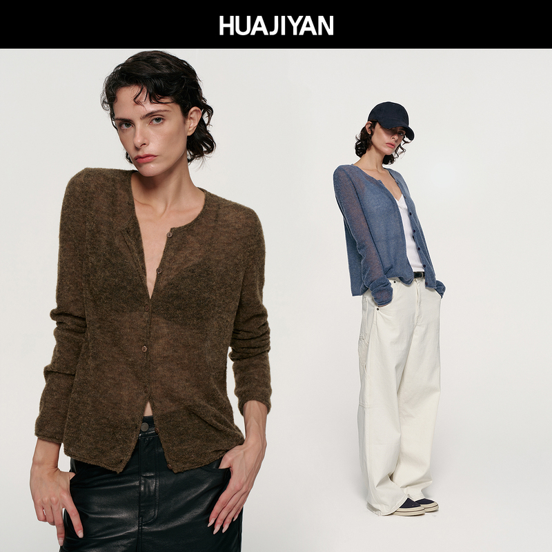 Huajiyan [Mist Memories] Merino Wool Simple Round Neck Knitted Cardigan Top for Women 2026 Autumn New Style