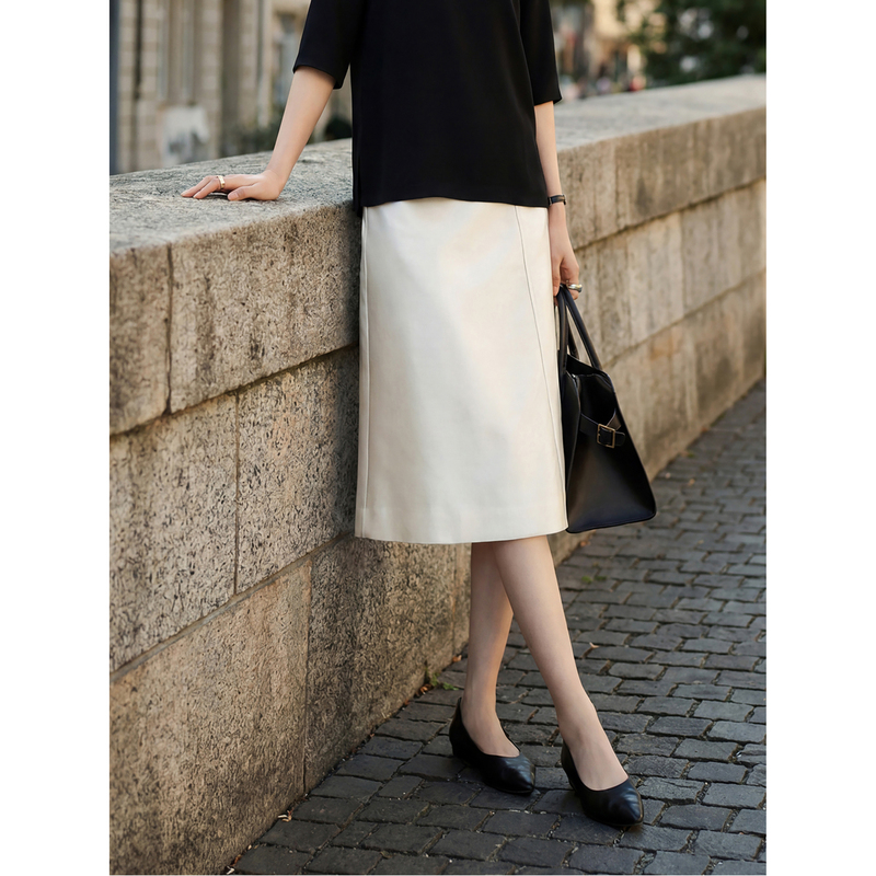 Maudi White Elegant Skirt with a Sophisticated and Intellectual Feel, Back Slit, Small A-Line Style, White Glossy Skirt 6736 Maudi White Elegant Skirt with a Sophisticated and Intellectual Feel, Back Slit, Small A-Line Style, White Glossy Skirt 6736