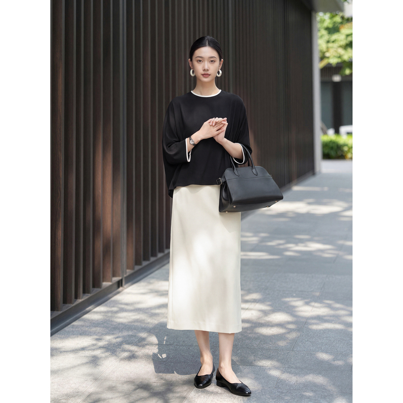 Maudi Chinese-Style New High-End Relaxed Batwing Sleeve Top That Covers the Body and Makes You Look Slimmer with Contrasting Color Round Neck 8477