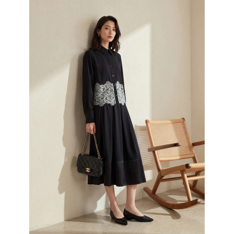 Maudi Simple and Elegant New Style Spliced Lace Pattern High-End Elegant Slimming Versatile Long-Sleeved Shirt for Women 8315
