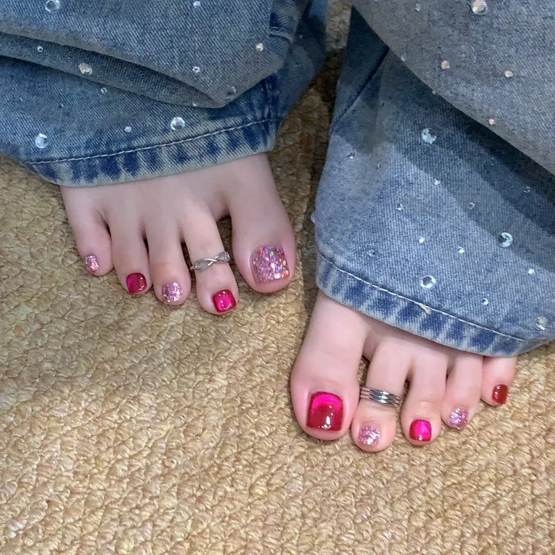 Finished Toenail Patches with Dragon Fruit Cat Eye Effect, Brightening, Removable, Handmade Wearable Nails, Phototherapy Toenail Manicure