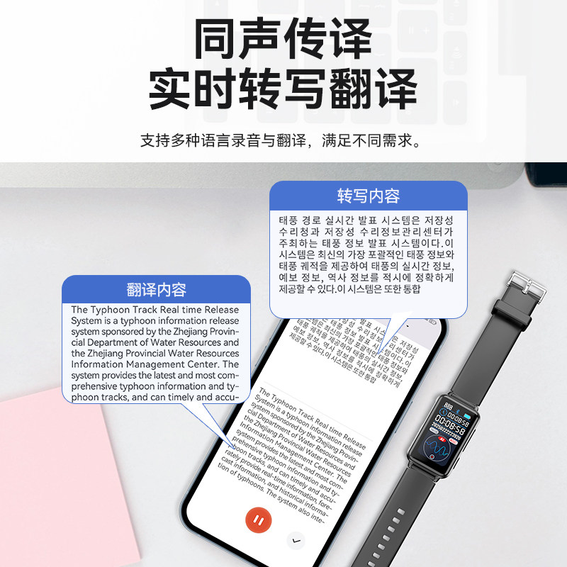 Ai Smart Voice Recorder Bracelet Wearable Device Watch for Men and Women Professional High-Definition Noise Reduction Bluetooth Text Large Capacity