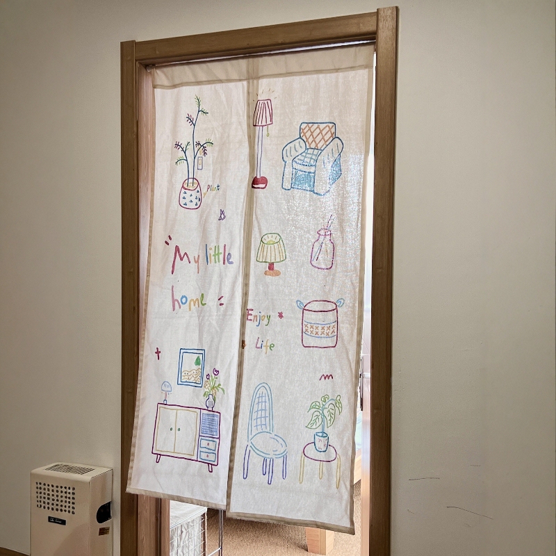 Colorful Hand-Painted Burlap Blend Door Curtain Cartoon Cute Kitchen Bedroom Living Room Fabric Screen Wall Background Cloth