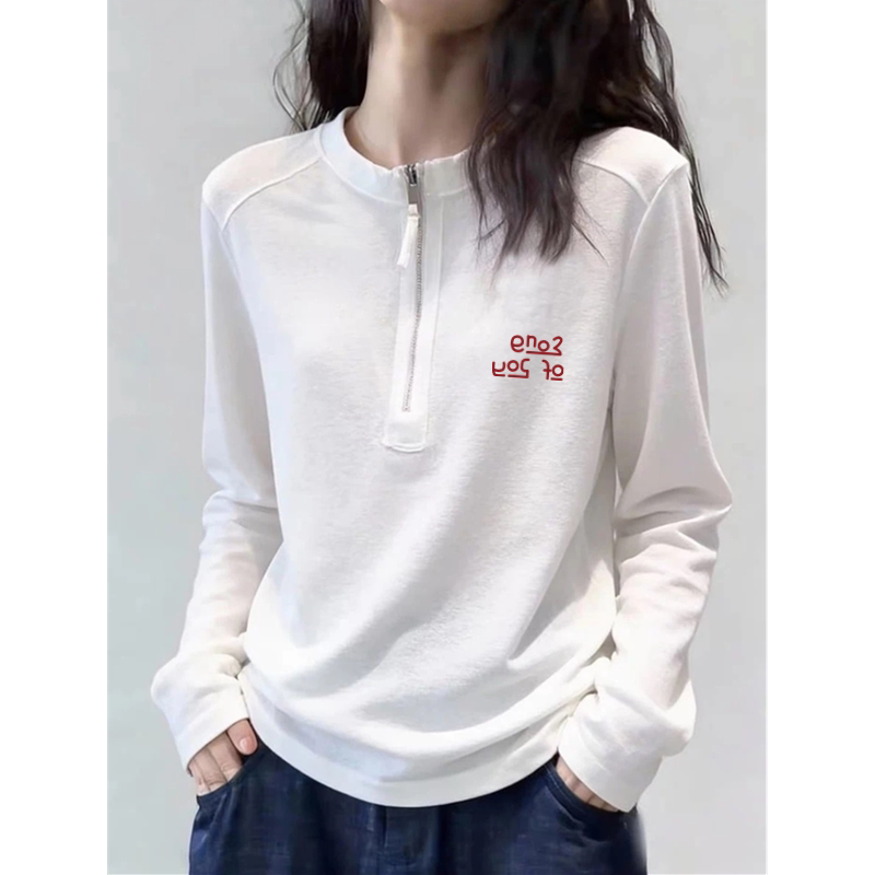 My Personal Favorite Recommendation~ Korean-Style Fashionable Half-Zip Long-Sleeve T-Shirt for Women, New Spring Top with Age-Reducing Print, Base Shirt