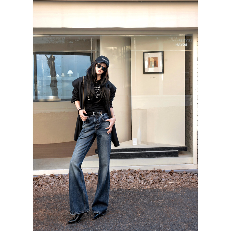 Bokiya·Boqiya｜Supermodel Pants｜Non-Stretch Mid-High Waist Classic Straight-Leg Flared Jeans That Don'T Hug the Legs