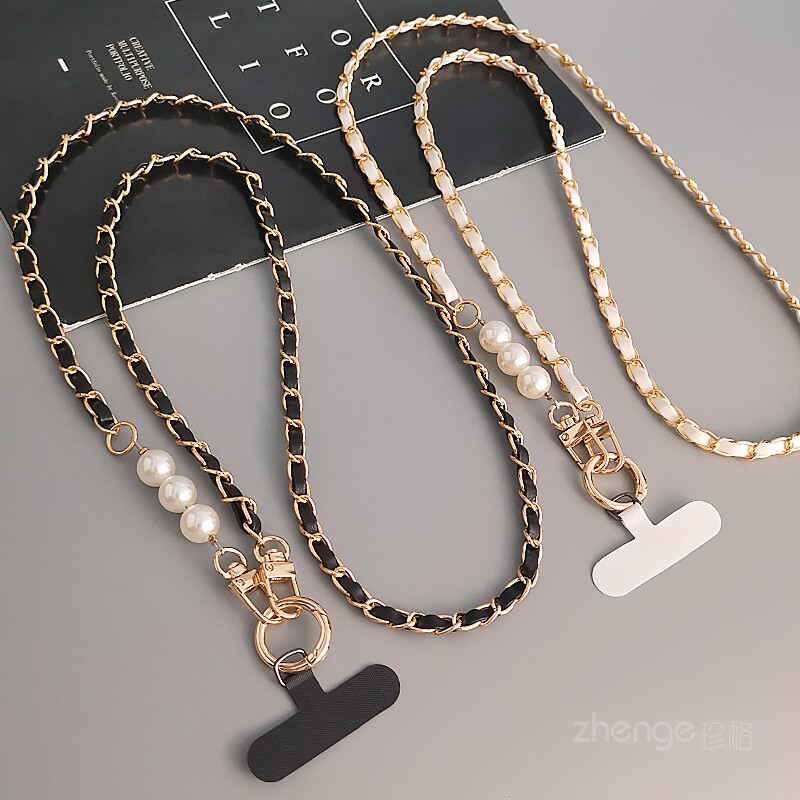Zhenge crossbody pearl leather card chain mobile phone lanyard women's Chanel style long neck strap phone case