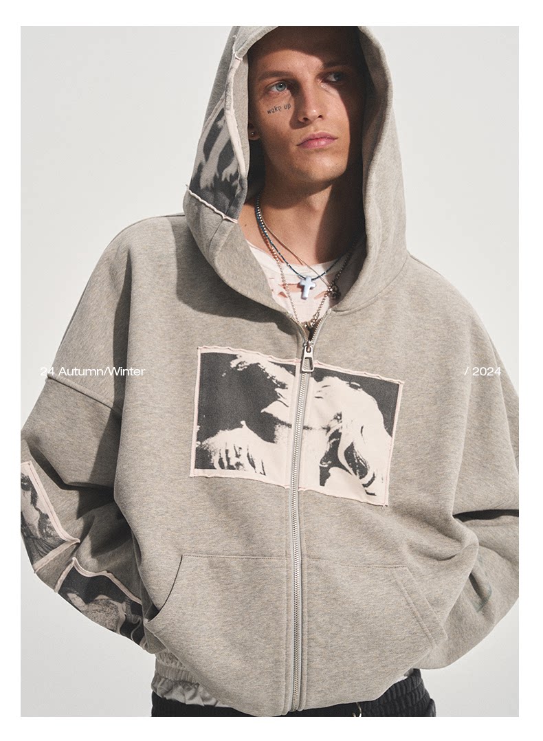 Punk Patchwork Zip Hoodie with Applique Prints - Product image 7