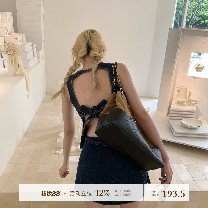 8Uioio Cyber Denim Vest Skirt Three-Piece Set Women's Summer 2026 New Backless Tie-Up Denim Suit