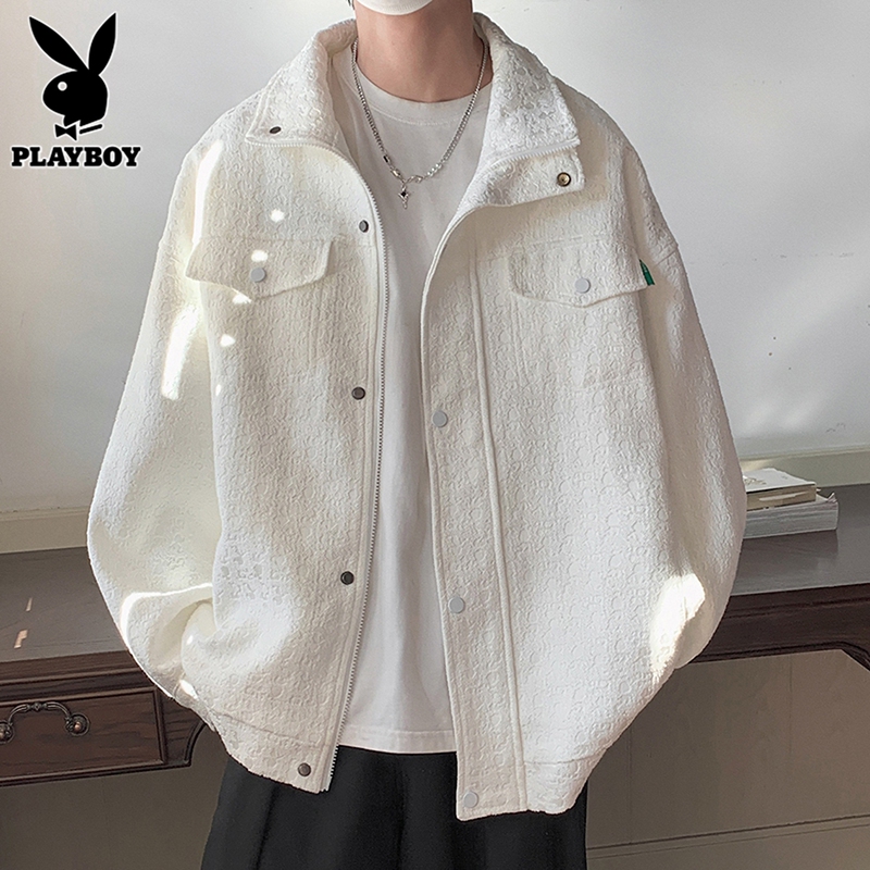 Playboy Chanel-Style Denim Jacket for Men, Spring and Autumn Trendy Textured High-End Stand-Collar Workwear Jacket for Men