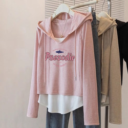 Autumn Japanese Casual Style Pink Hooded V-Neck Fake Two-Piece Top Oversize Design Sweatshirt Jacket Trendy