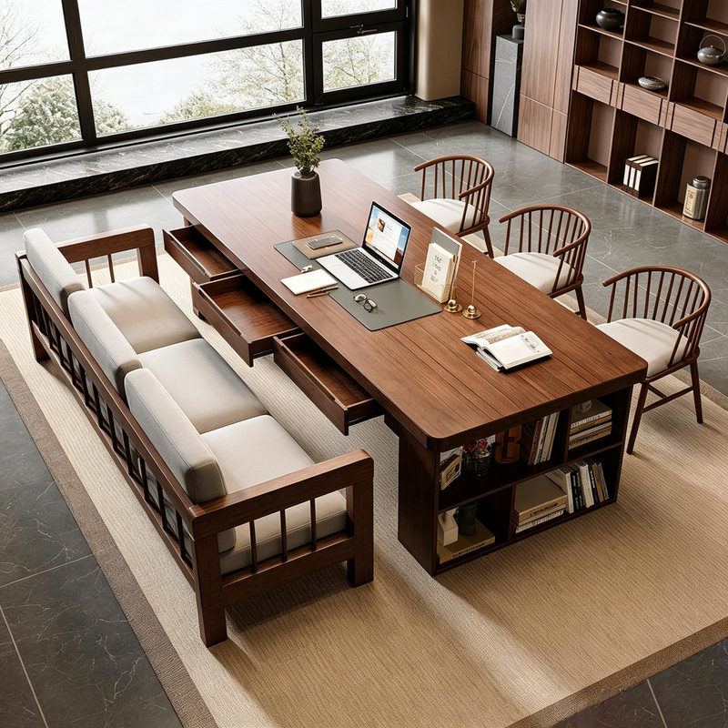 Integrated Solid Wood Desk and Bookcase for Living Room, Writing Desk with Drawers, Home Study Desk, Workbench